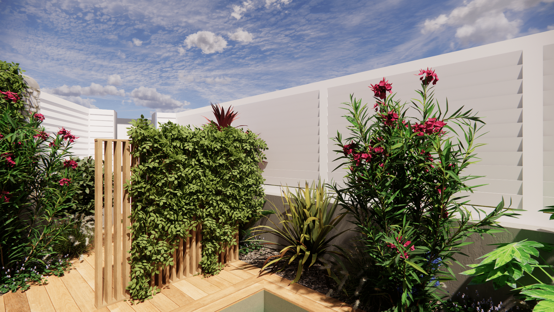 Terrasse moderne avec plantes fleuries, mur végétal et clôture blanche sous un ciel bleu dégagé.