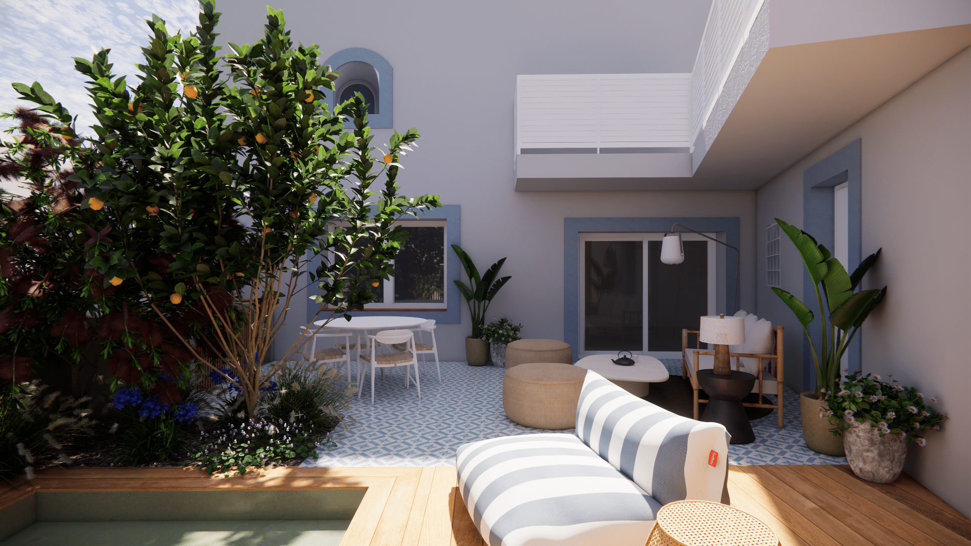 Patio méditerranéen moderne avec piscine, canapé rayé, citronnier et mobilier d'extérieur sur carrelage bleu.