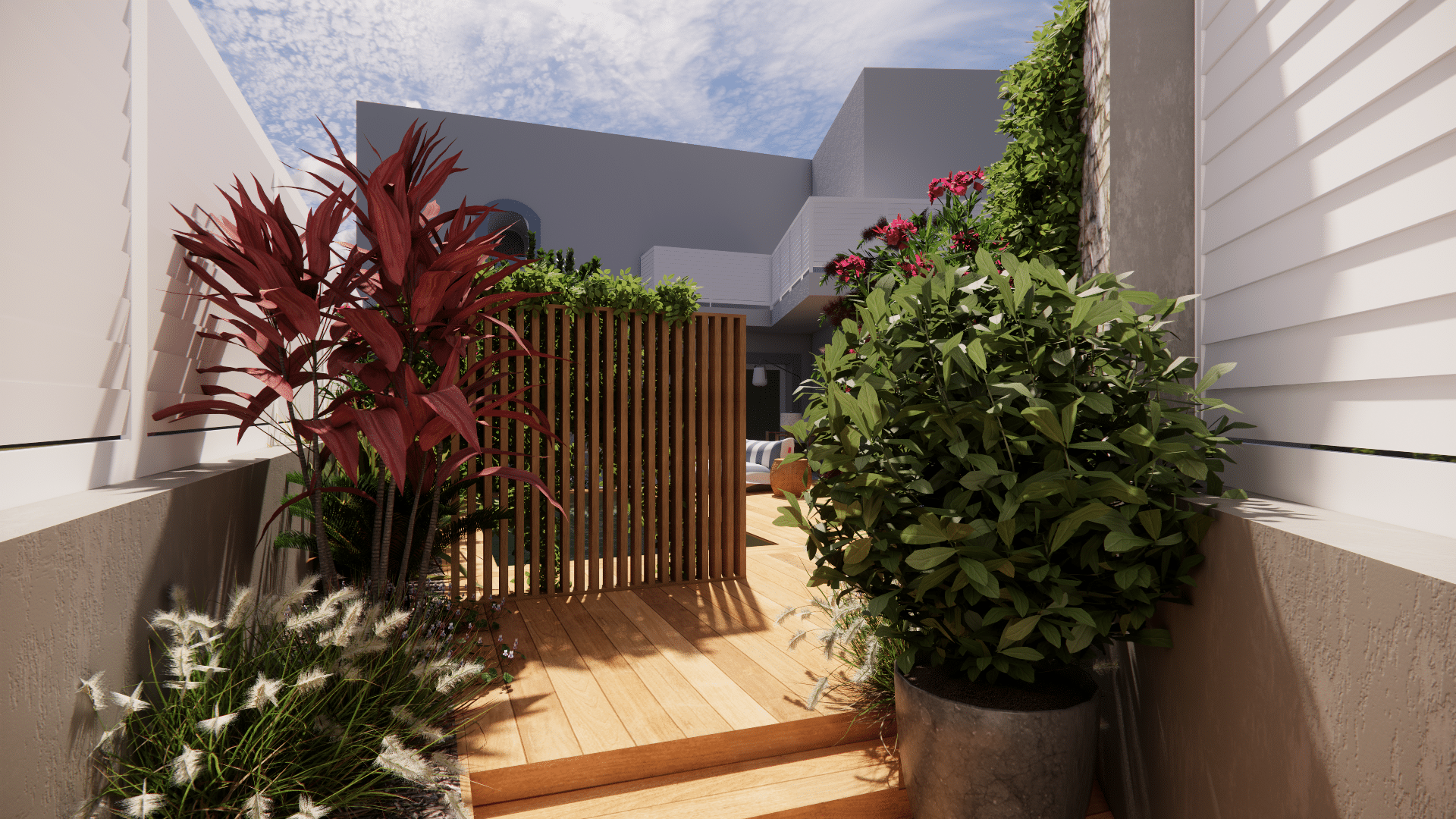 Terrasse moderne en bois avec écran à lattes, Cordyline rouge et arbustes sous un ciel bleu dégagé.