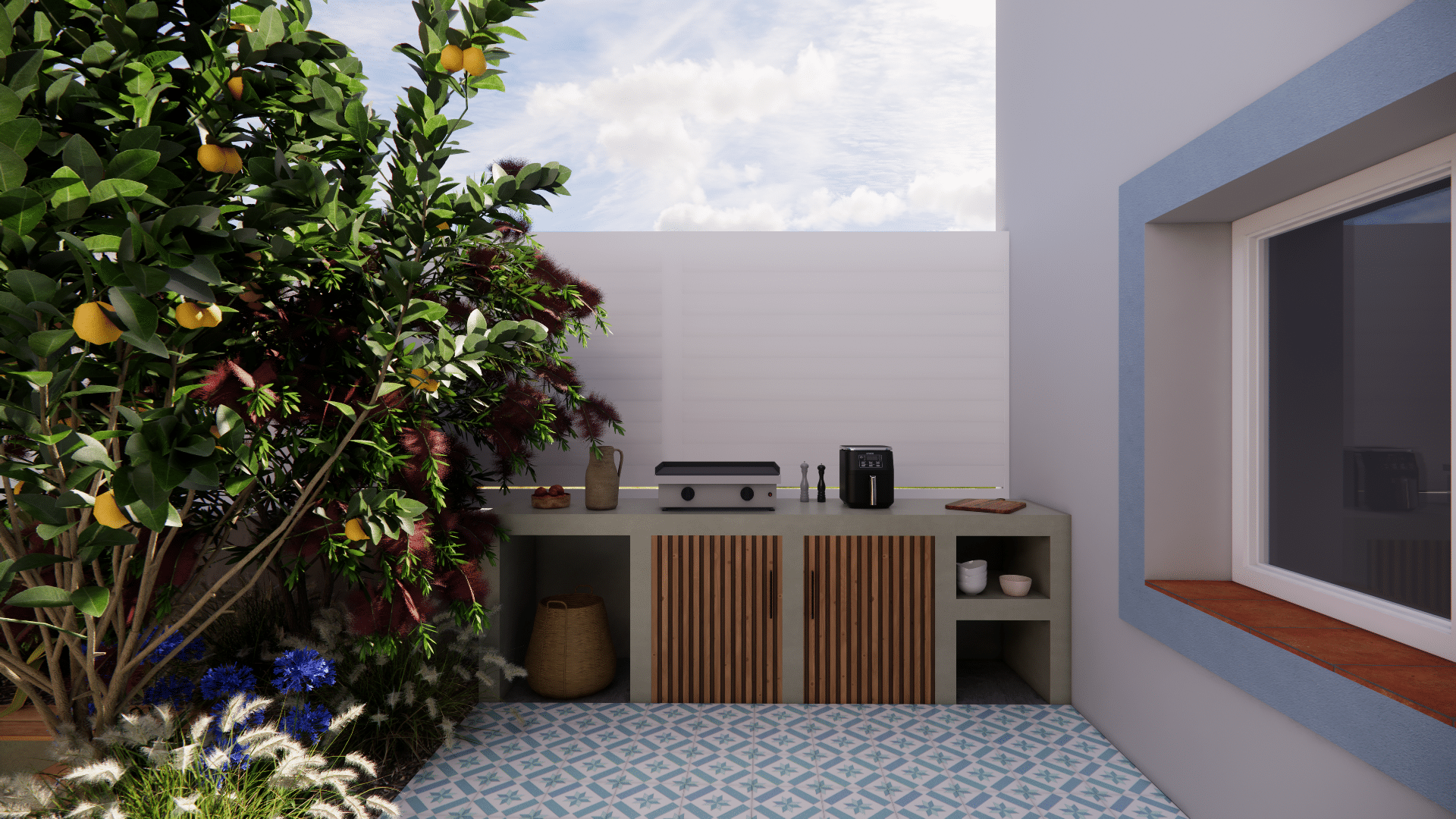 Cuisine d'été en béton, citronnier et carrelage bleu.