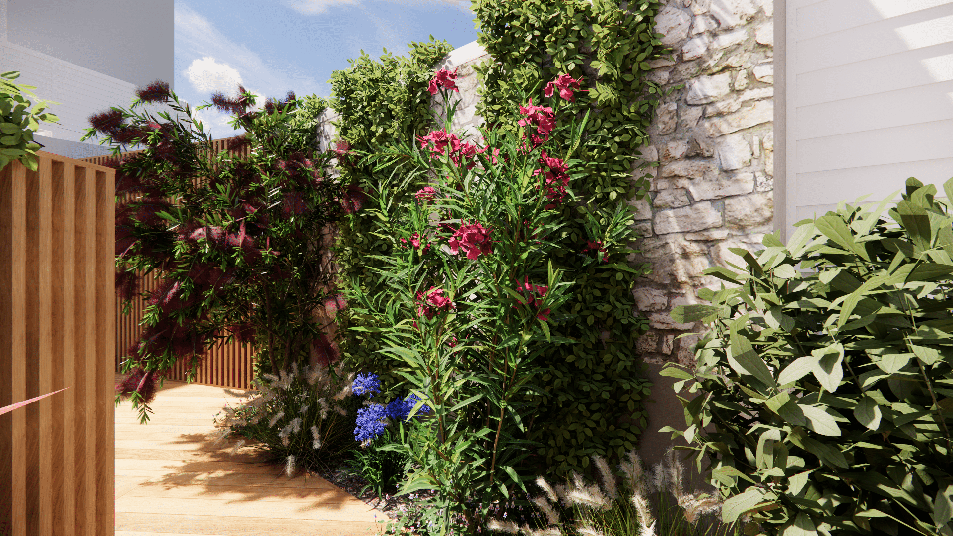 Jardin contemporain avec terrasse bois, mur pierre et fleurs colorées.