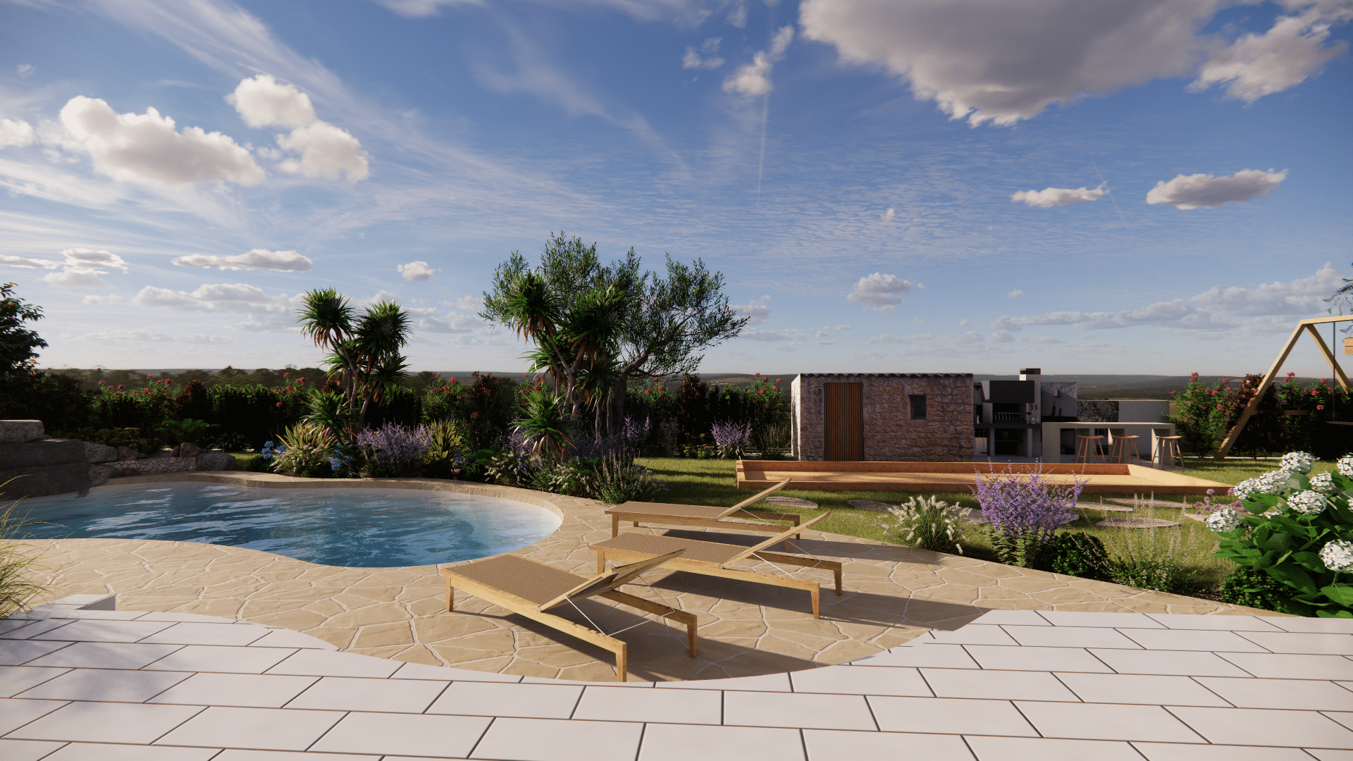 Piscine luxueuse, terrasse en pierre et transats en bois dans un jardin paysager ensoleillé.