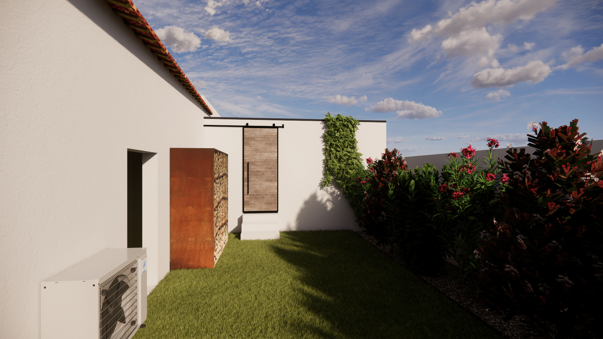 Jardin moderne avec porte coulissante en bois, abri à bûches et haie fleurie sous un ciel nuageux.
