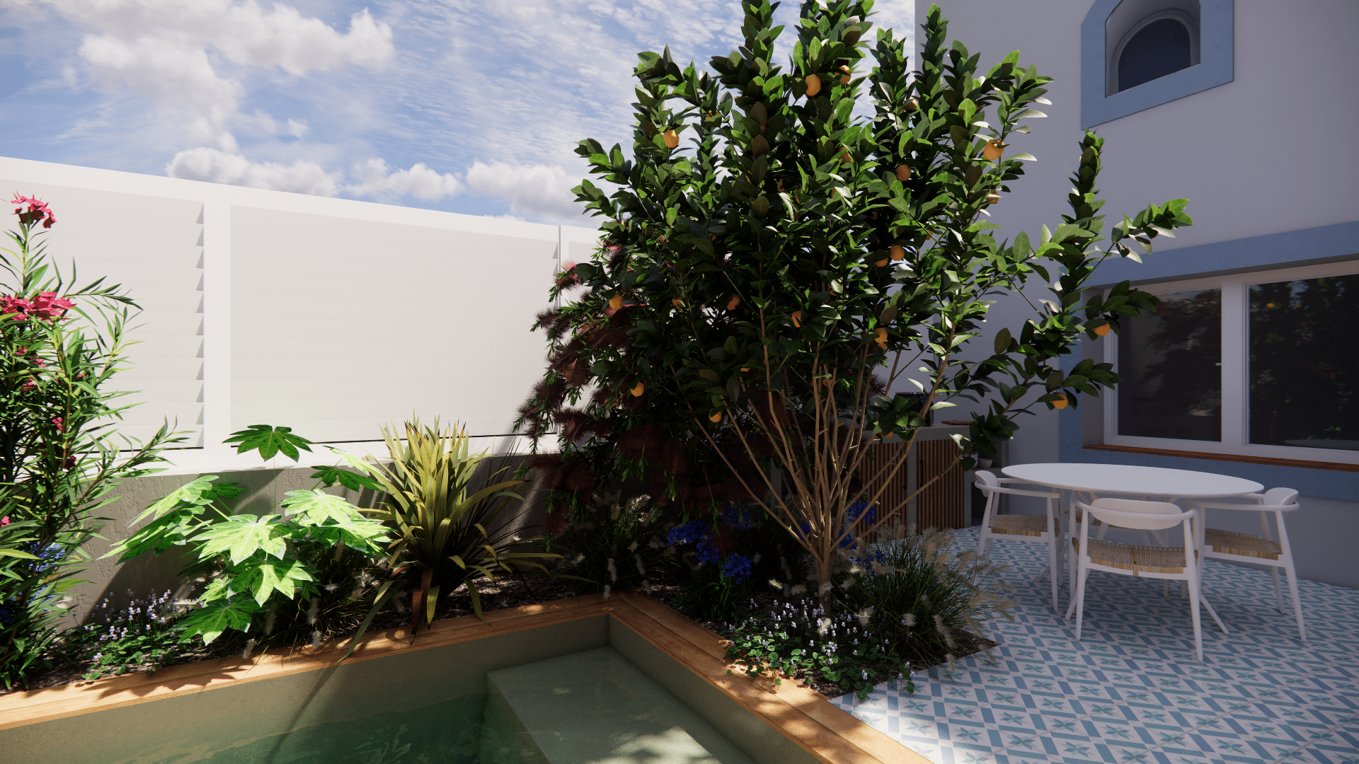 Patio moderne avec bassin, citronnier et coin repas sur carrelage bleu sous un ciel ensoleillé.