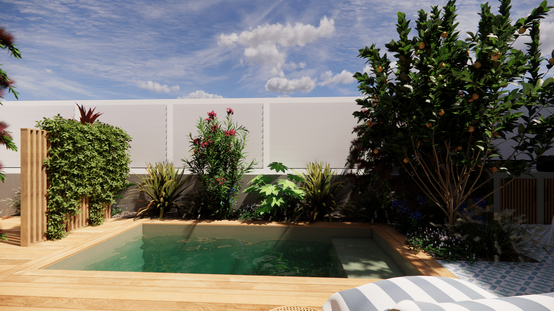 Petite piscine avec terrasse bois, plantes fleuries et citronnier sous un ciel bleu ensoleillé.