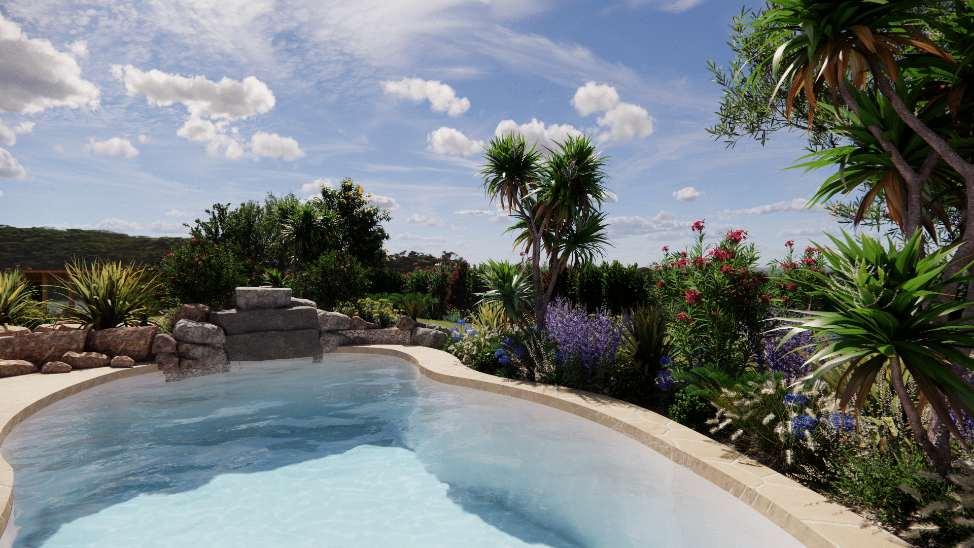 Piscine avec cascade de roches et jardin tropical fleuri sous un ciel d'été.