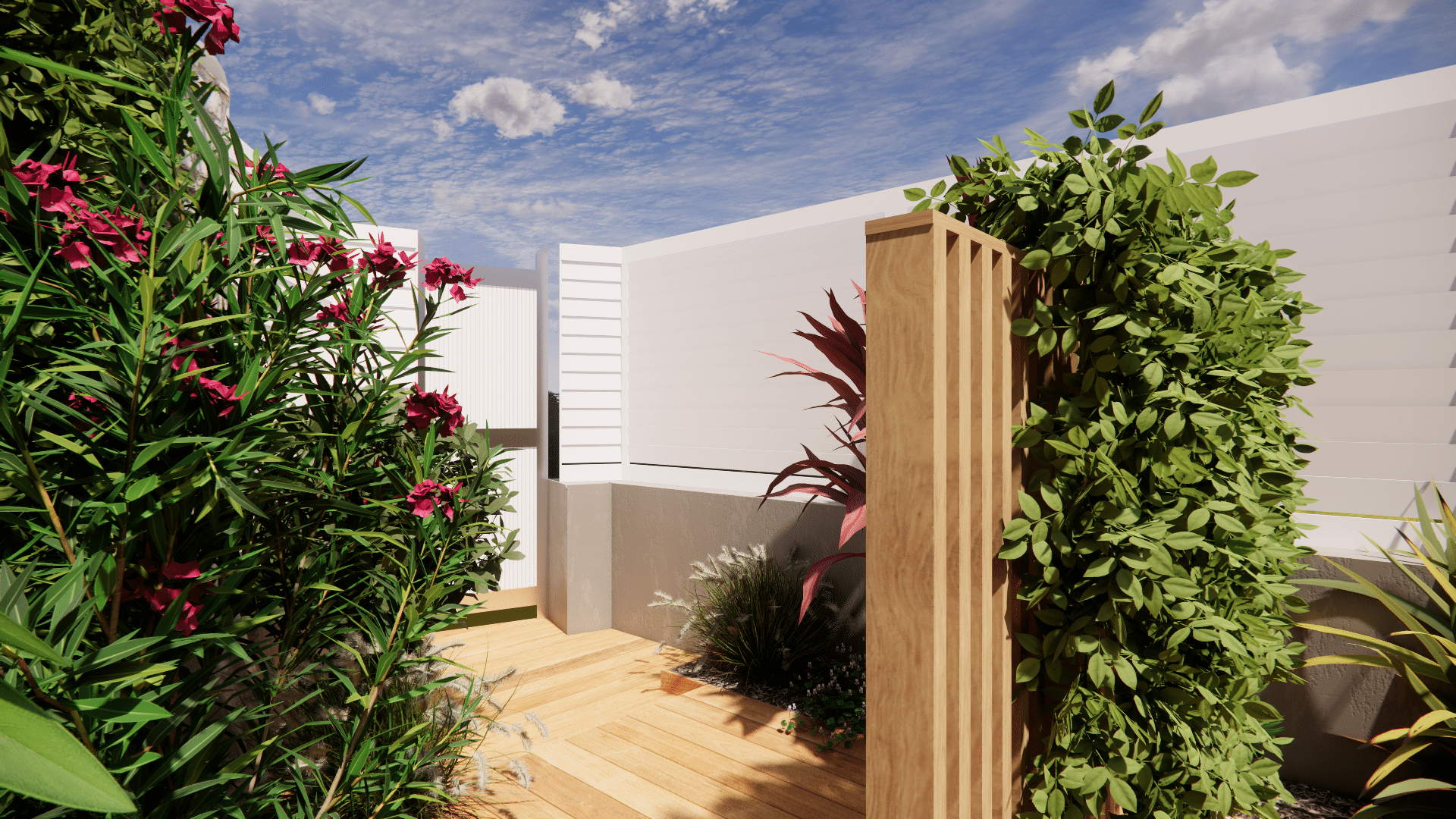 Terrasse moderne avec parquet en bois, fleurs roses et arbustes verts devant un mur blanc sous ciel bleu.