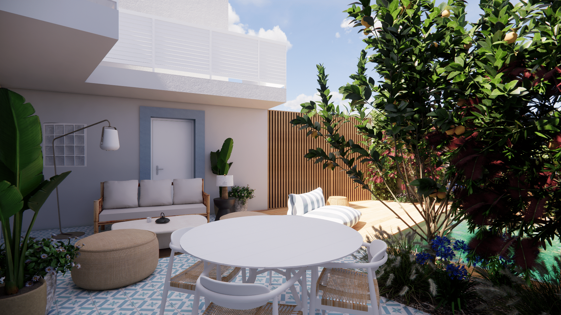 Terrasse moderne avec table blanche, canapé gris, piscine et citronnier sous le soleil.